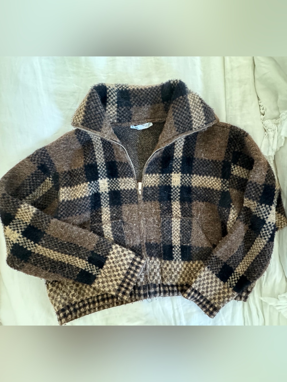 Zara Brown and Black Plaid Teddy Zip Jacket